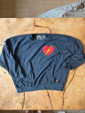 Aviator Nation BOLT HEART RELAXED CREW SWEATSHIRT - CHARCOAL NAVY Size Medium
